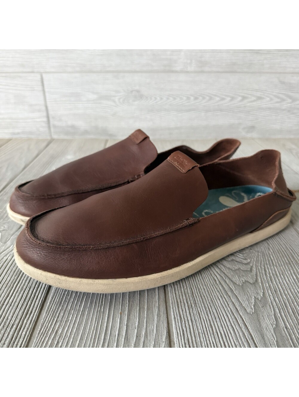 OluKai Nalukai Slip On Mens 12 Brown Leather Kona Coffee Tapa Loafers Slide